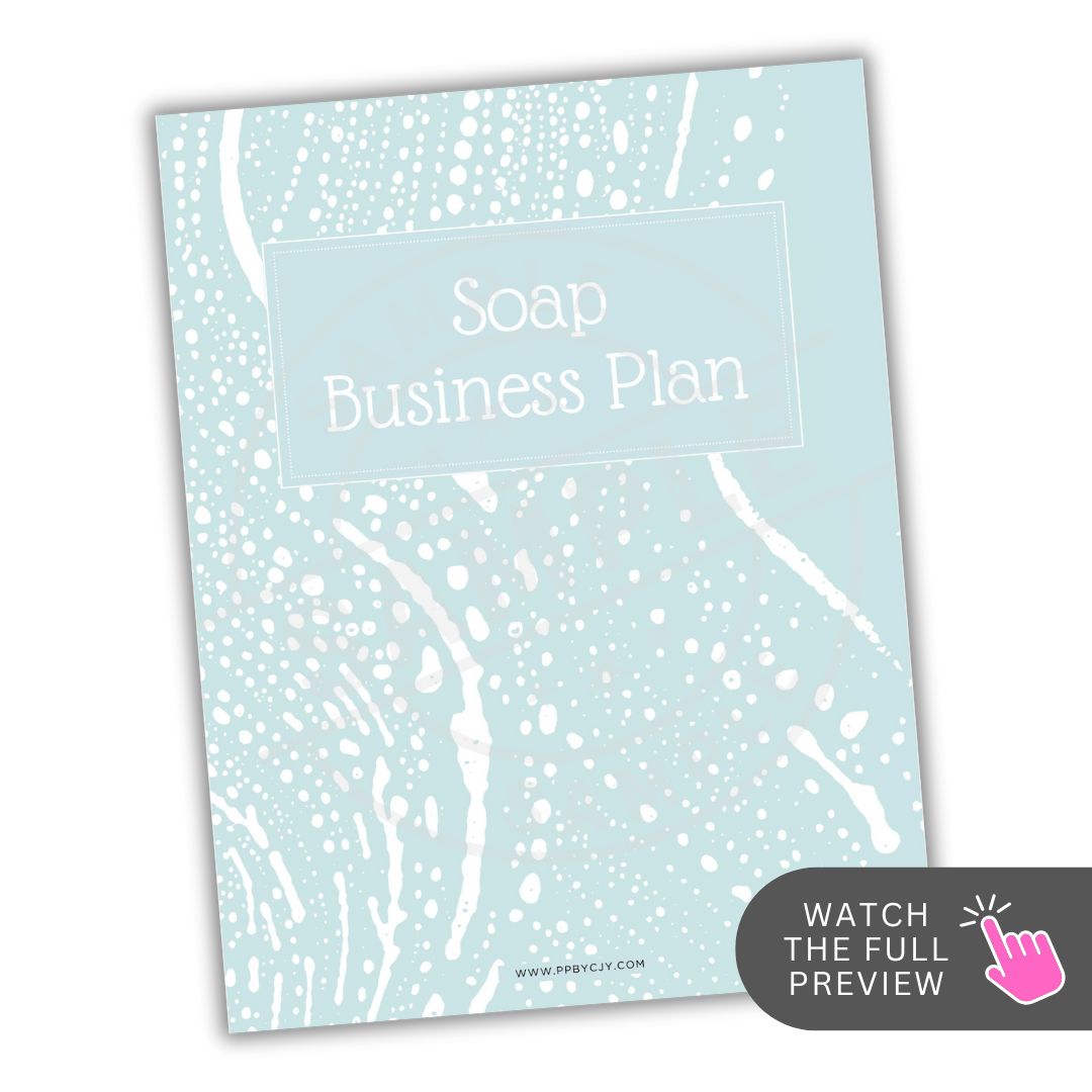 Soap business plan document with a light blue cover and white text on a white background.
