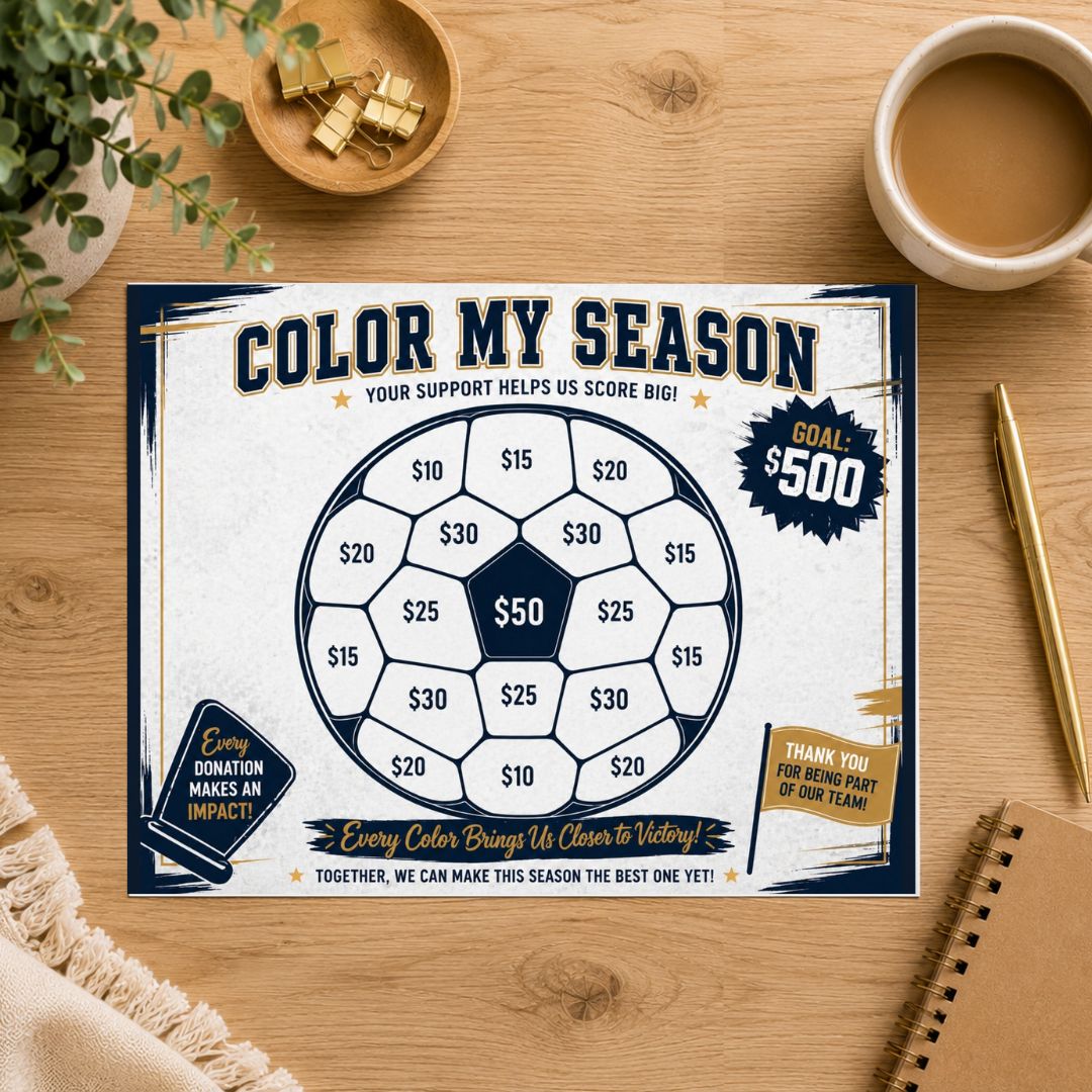 A 'Color My Season' fundraising game board displayed on a wooden desk with lifestyle props including a coffee cup, a pencil, and a plant.