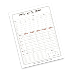 A printable 'SODA TASTING FLIGHT' sheet with lined sections, rating columns, and small icons, shown on a clean white background.