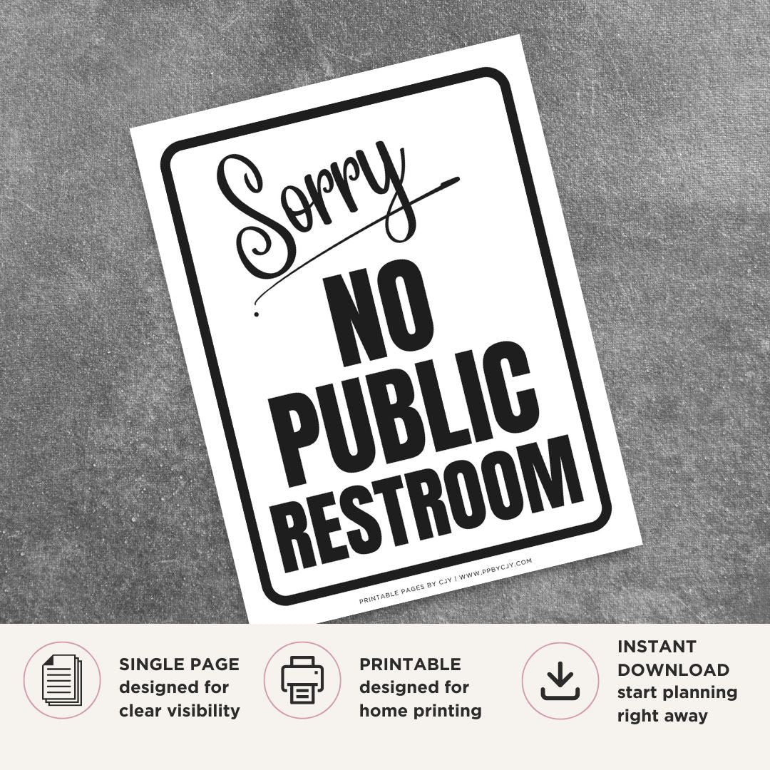 Printable Sorry No Public Restroom sign featuring a friendly design with clear lettering and a courteous business policy message for stores, offices, restaurants, and commercial businesses.