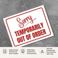 Printable Sorry Temporarily Out of Order sign featuring a friendly design with clear lettering and a courteous temporary service interruption message for restrooms, vending machines, offices, retail stores, and commercial businesses.