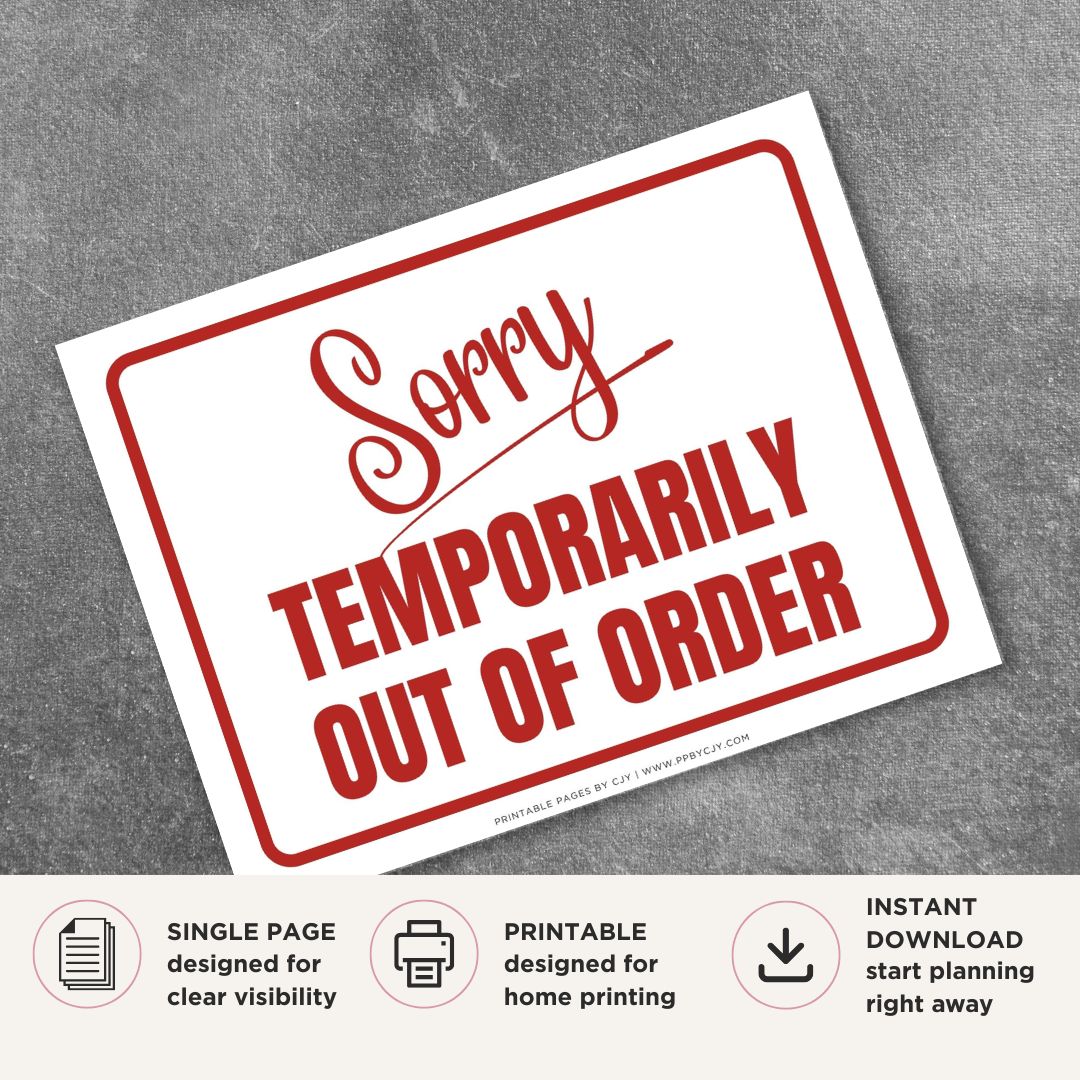 Printable Sorry Temporarily Out of Order sign featuring a friendly design with clear lettering and a courteous temporary service interruption message for restrooms, vending machines, offices, retail stores, and commercial businesses.