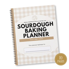 A spiral-bound Sourdough Baking Planner with a beige and white gingham cover, featuring bold black text and a gold seal indicating 10 pages.