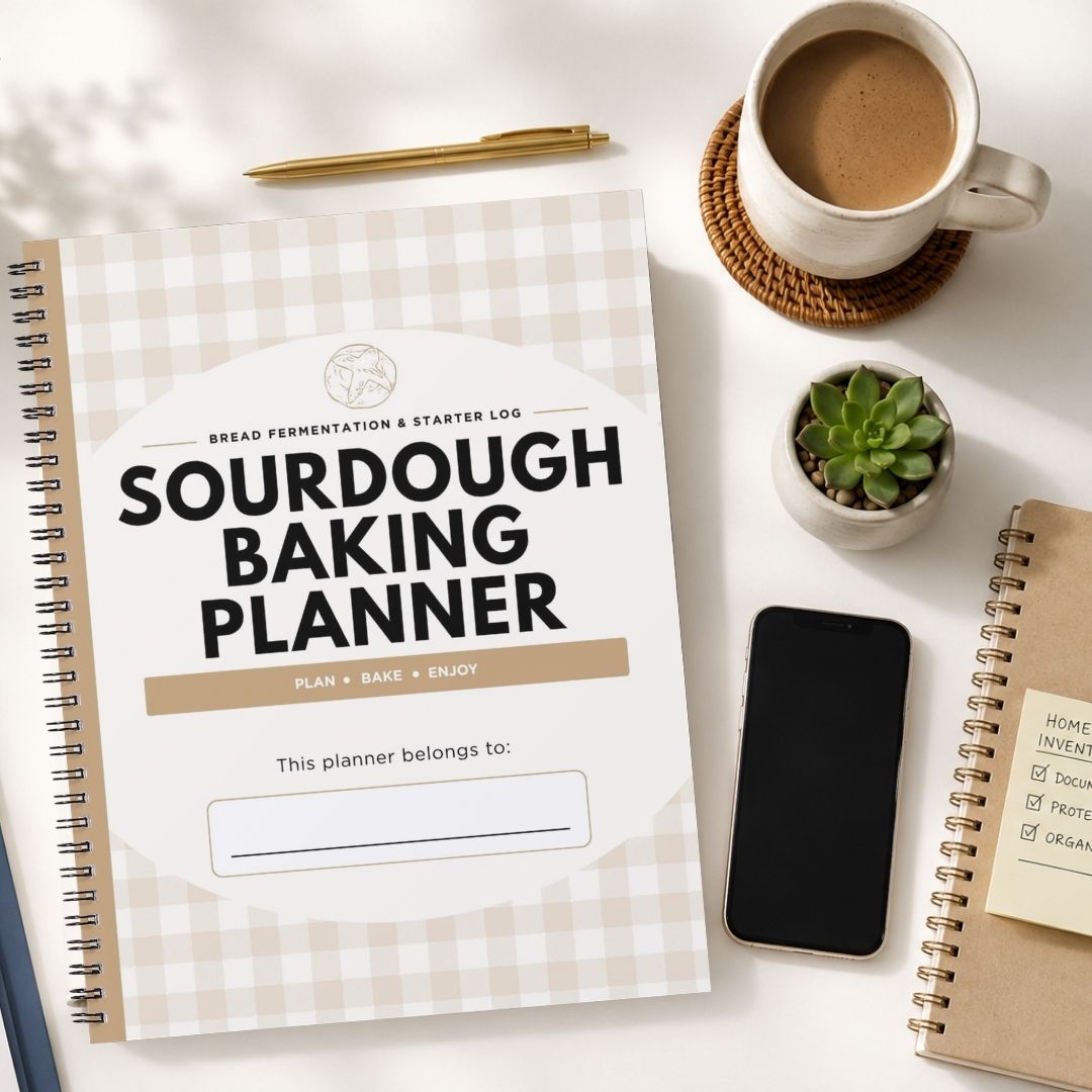 A spiral-bound Sourdough Baking Planner with a beige and white gingham cover is displayed in a styled flat-lay arrangement on a white surface, surrounded by a cup of coffee, a smartphone, a small succulent, and another notebook.