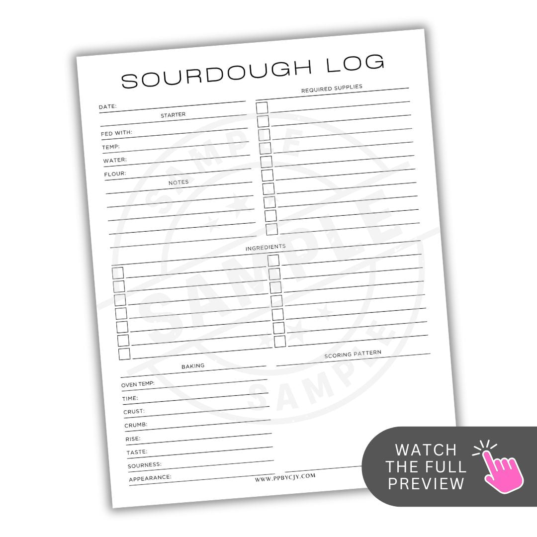 Sourdough log sheet with various fields for recording sourdough baking details on a white background.