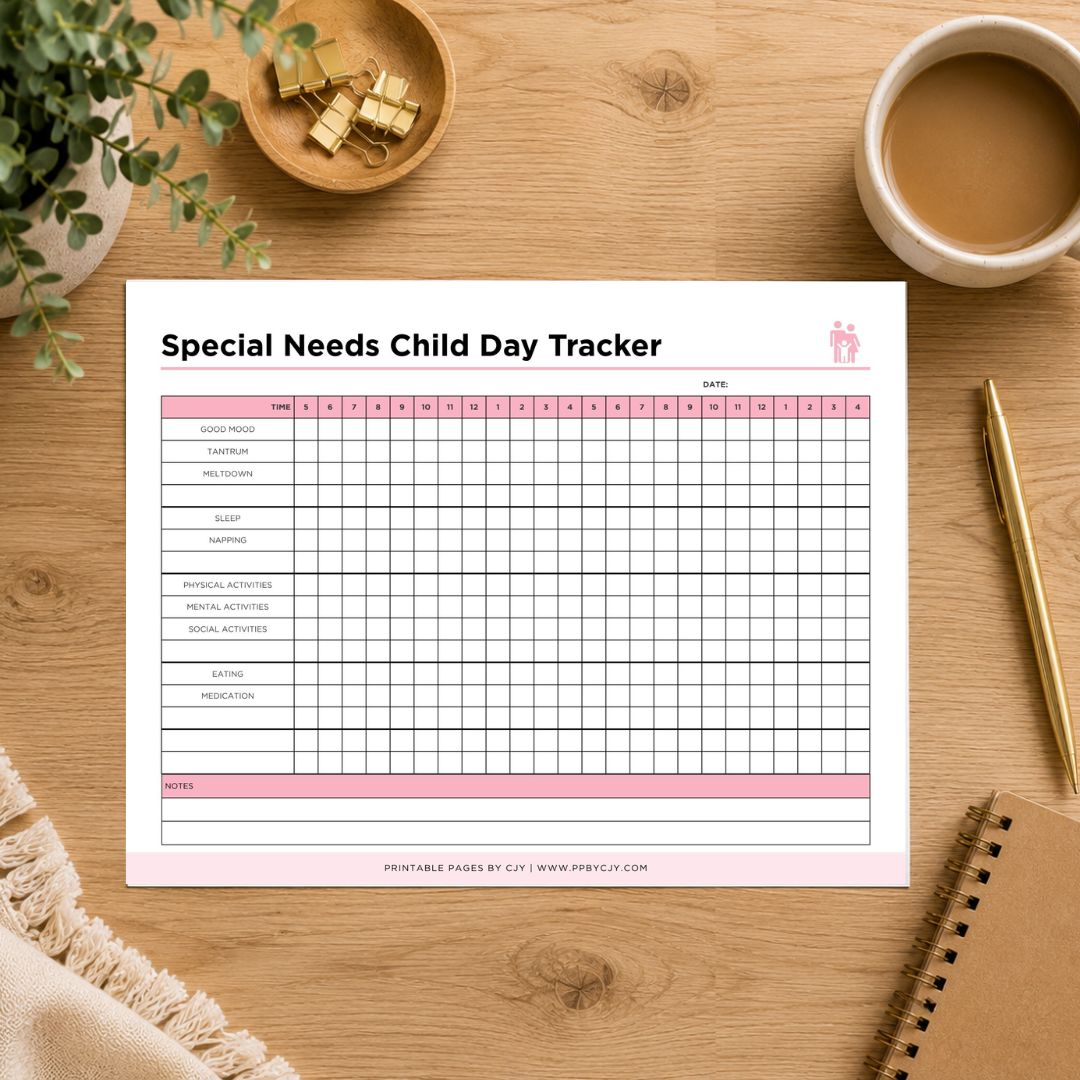 A printable 'Special Needs Child Day Tracker' sheet displayed on a wooden desk with a coffee cup, plant, gold clips, pen, and notebook around it.