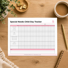 A printable 'Special Needs Child Day Tracker' sheet displayed on a wooden desk with a coffee cup, plant, gold clips, pen, and notebook around it.