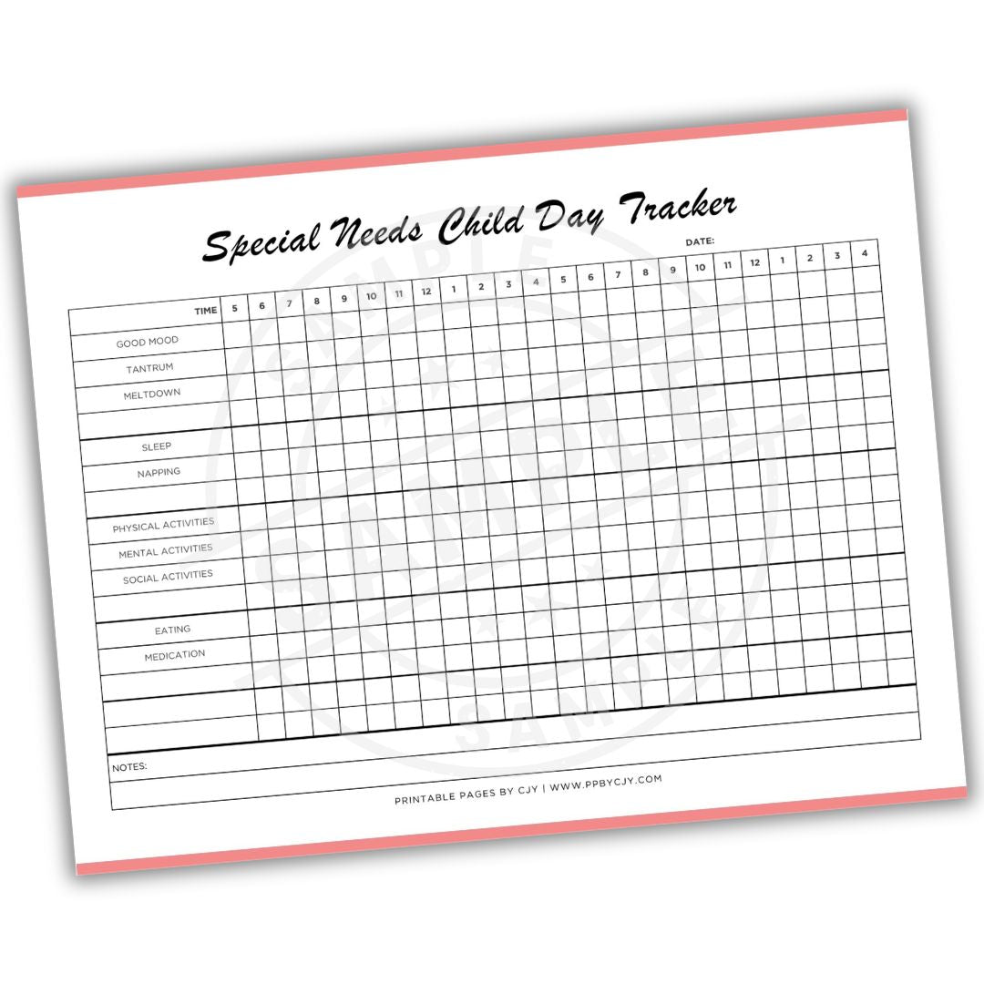 Special Needs Child Day Tracker with a red border on a white background
