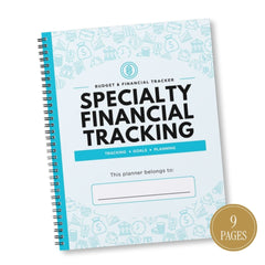 A spiral-bound planner titled 'Specialty Financial Tracking' with a white cover, light blue financial-themed line icons, and a gold circular badge indicating 9 pages.