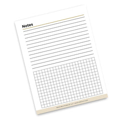 A single printable notes page shown at an angle on a white background. The page has lined writing space at the top labeled 'Notes' and a square grid section at the bottom.