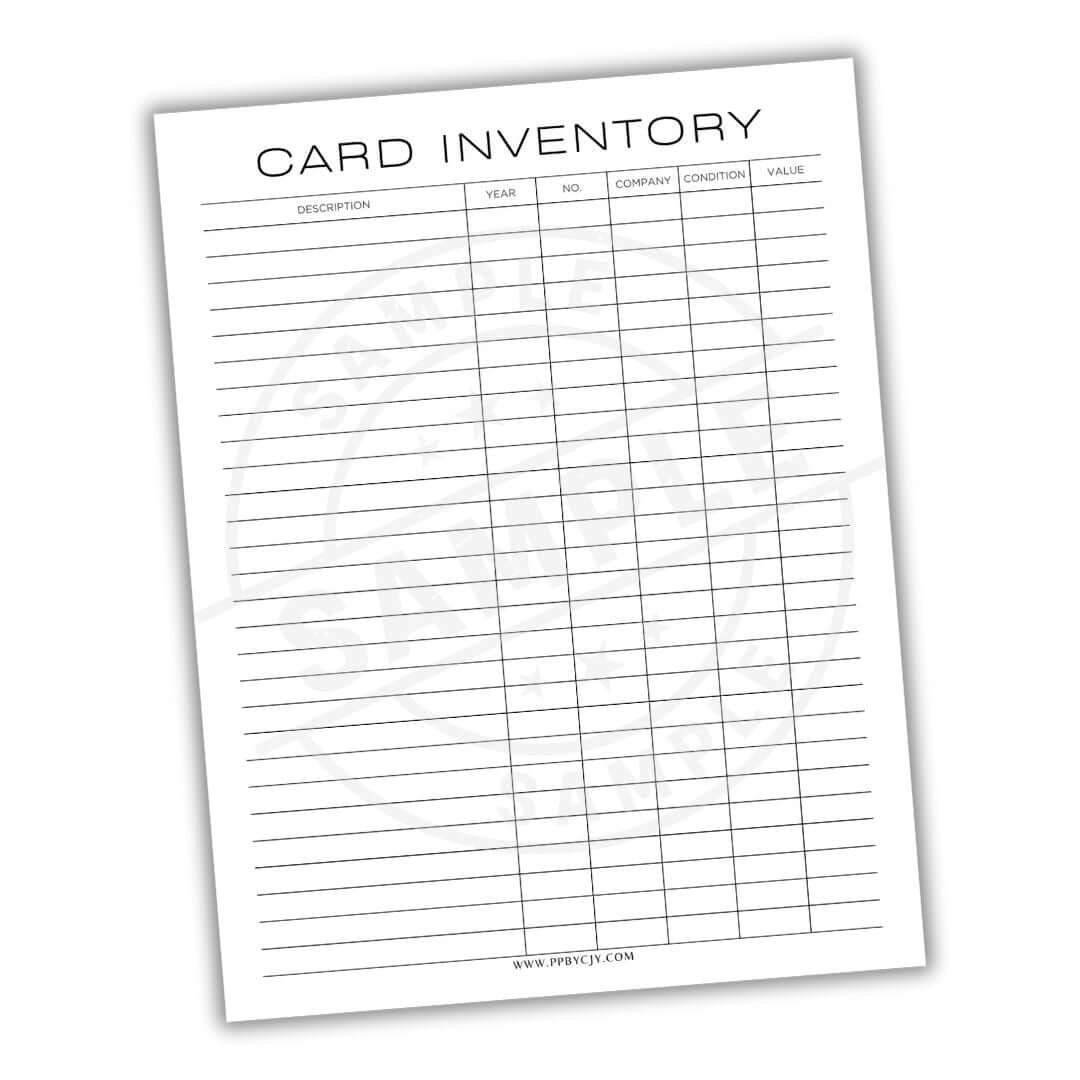 Card inventory sheet with columns for description, year, number, company, condition, and value on a white background.