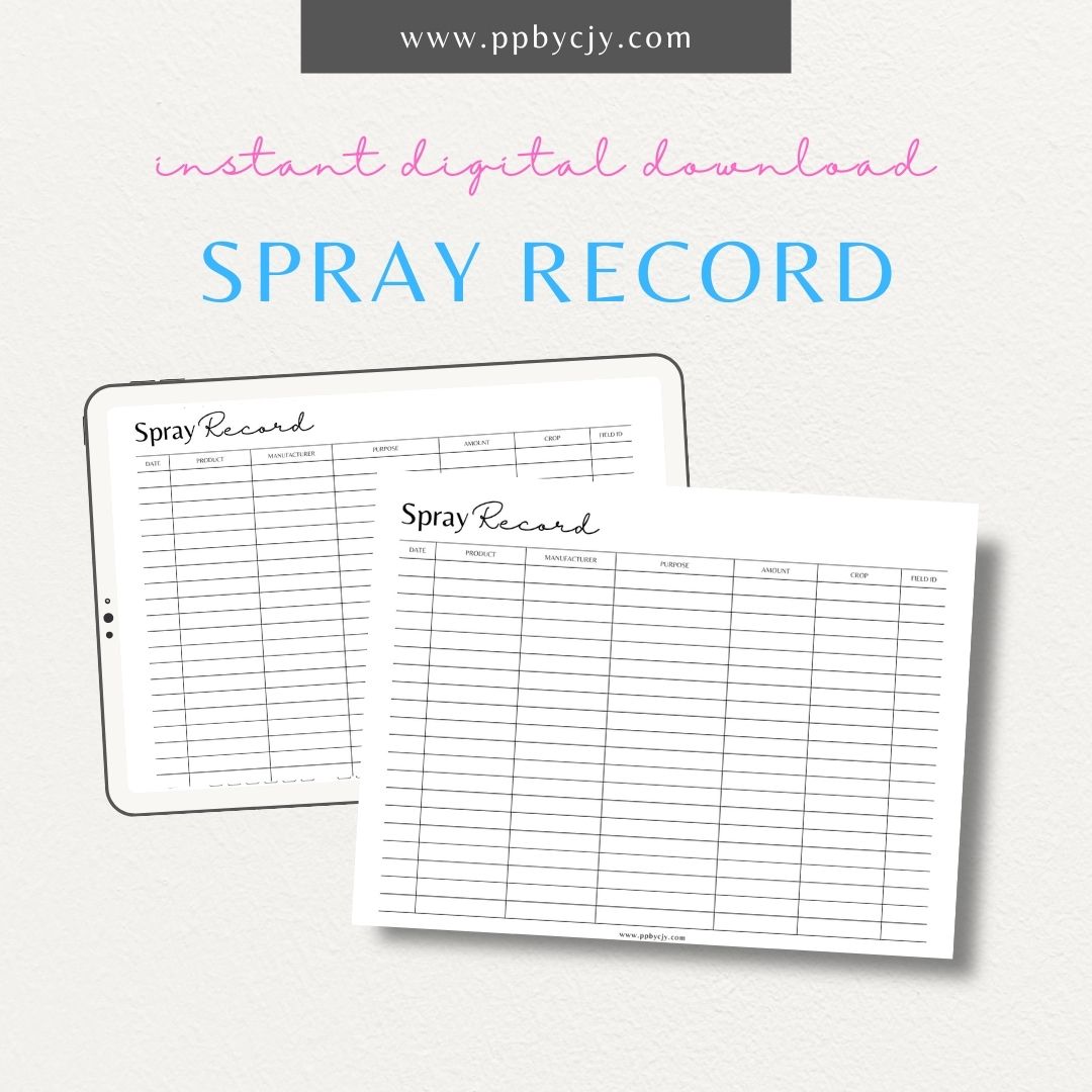 Spray Record Printable PDF Template for tracking spray treatments on plants, including date and type of spray used

