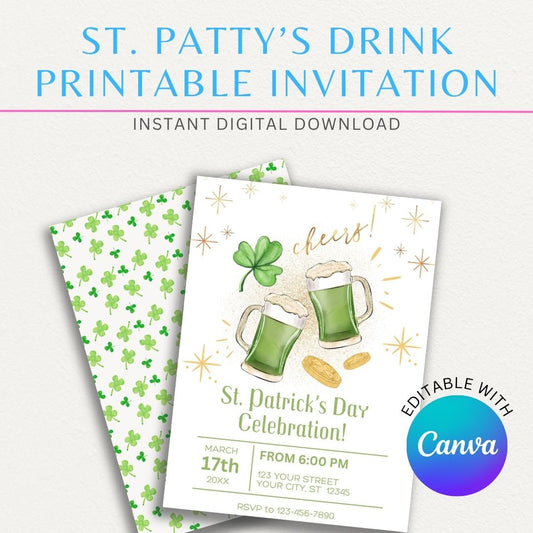 St. Patrick’s Day drinks invitation with shamrocks, gold accents, and a festive Irish pub theme.

