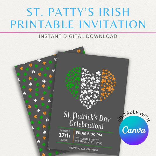 St. Patrick's Day Irish-themed printable invitation with festive green and gold design, perfect for parties and celebrations.

