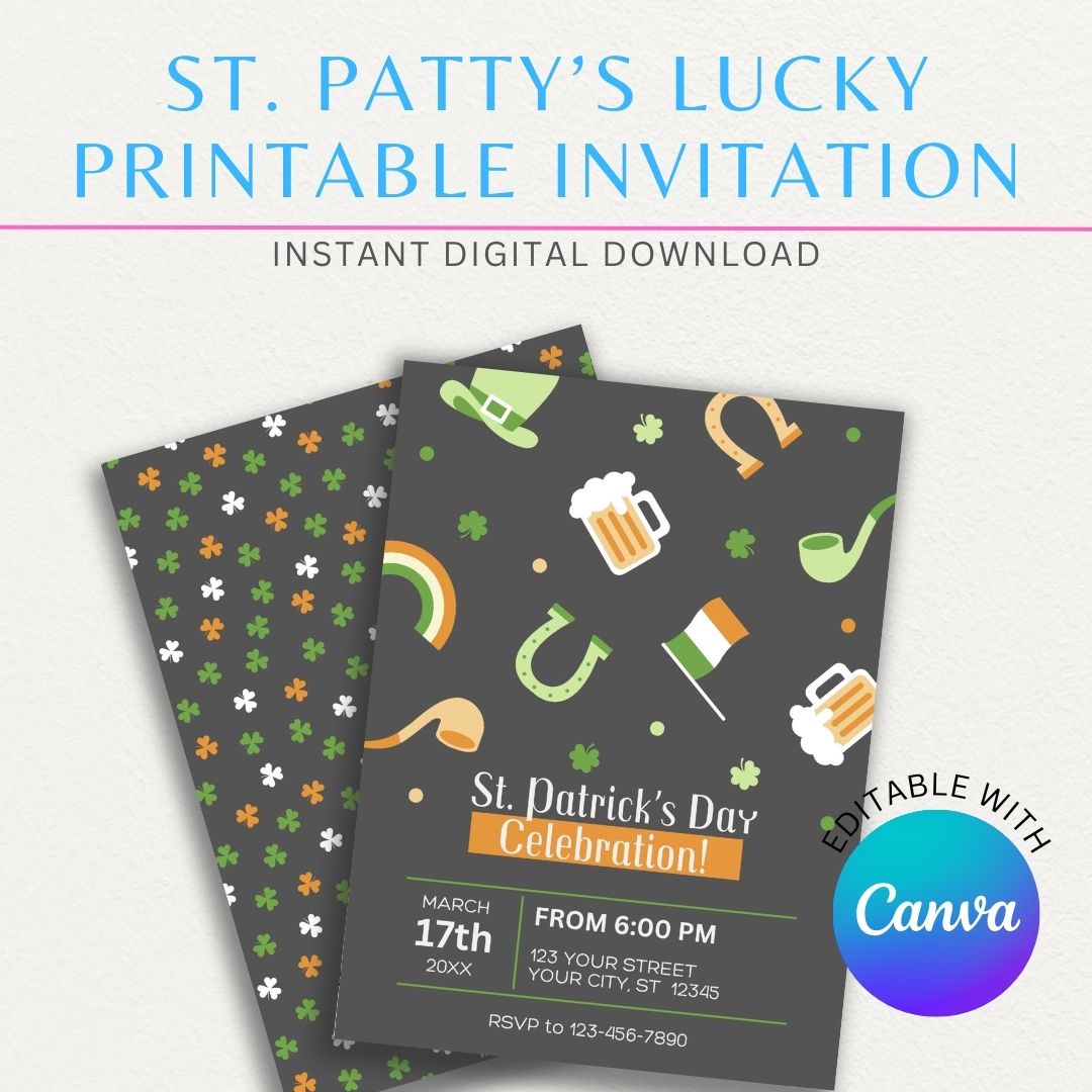 St. Patrick’s Day printable invitation with shamrocks, gold accents, and a lucky theme for festive celebrations.

