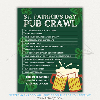 Printable St. Patrick’s Day Pub Crawl Challenge with fun tasks and dares for a festive bar hopping experience.
