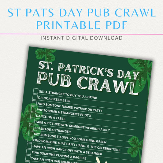 Printable St. Patrick’s Day Pub Crawl Challenge with fun tasks and dares for a festive bar hopping experience.
