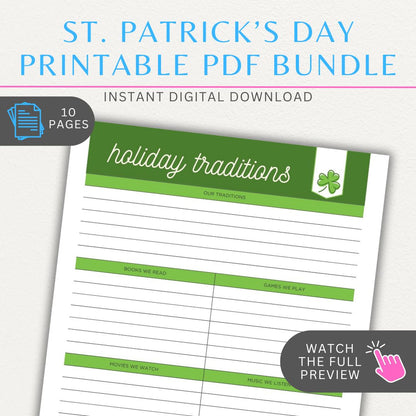 St. Patrick's Day Planner Printable PDF Template Bundle with meal planner, party planner, and decoration planners for mantle, tiered tray, and wreath.

