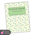 St. Patrick's Day planner with clover pattern and green label on white background