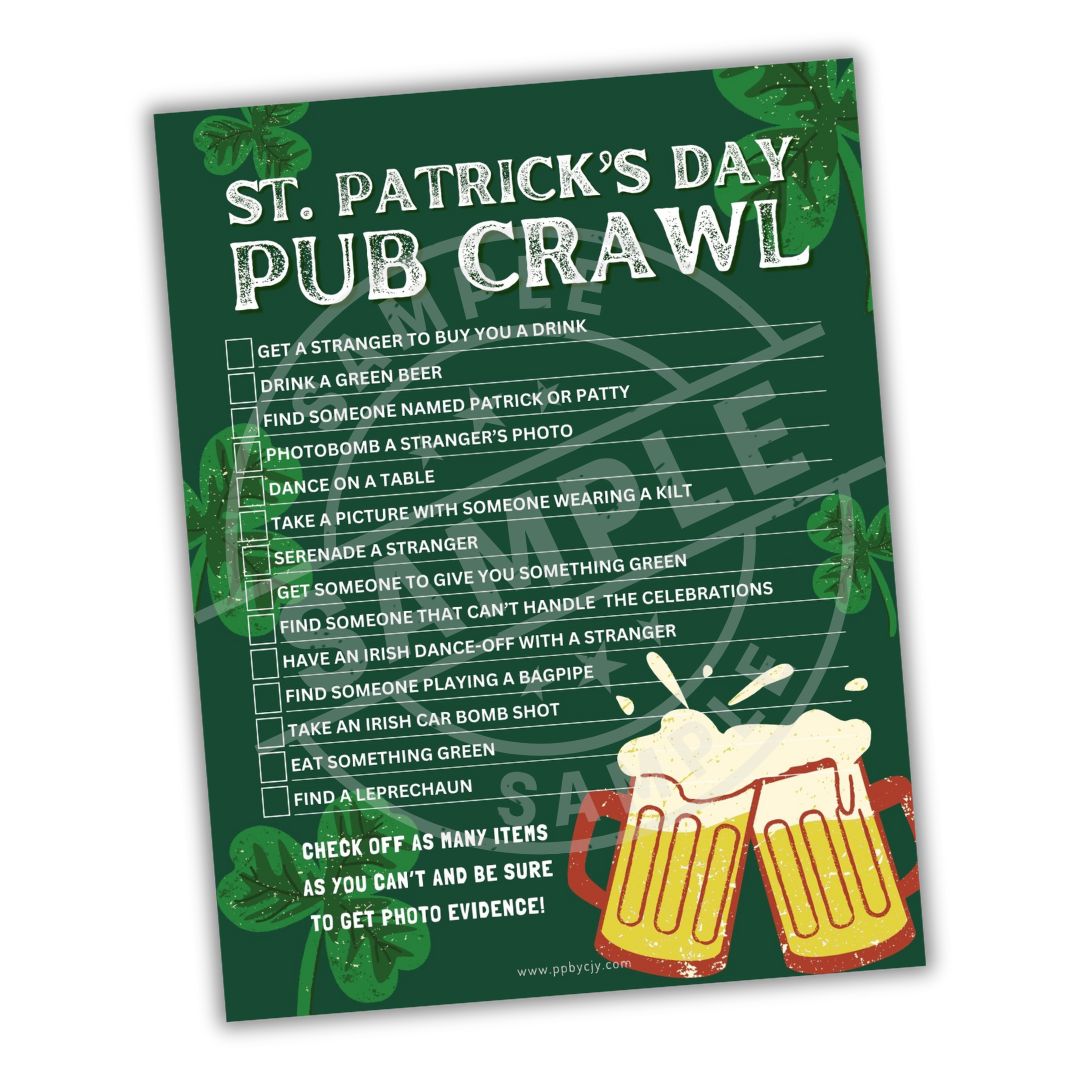 St. Patrick's Day Pub Crawl flyer with green background and beer graphics