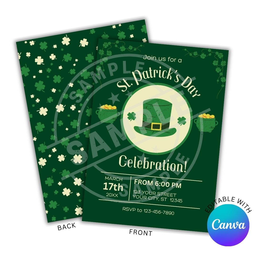 St. Patrick's Day party invitation with shamrock pattern on green background
