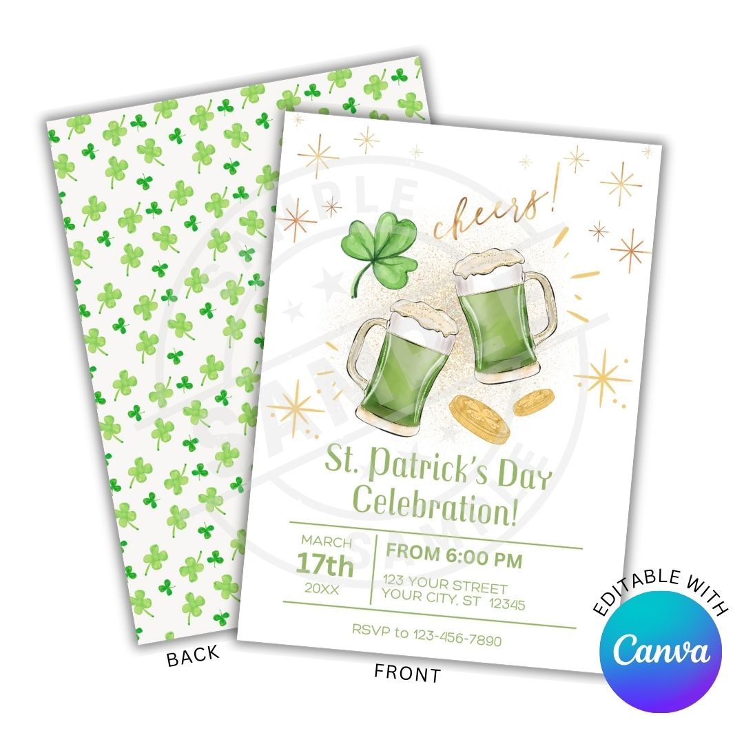 St. Patrick's Day party invitation with shamrock pattern on a white background