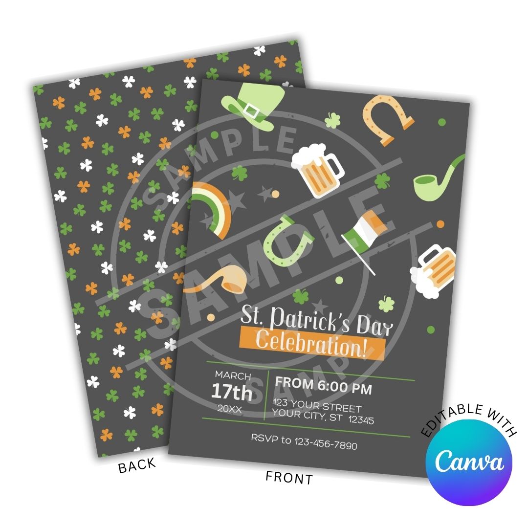 St. Patrick's Day party invitation with shamrock pattern on gray background