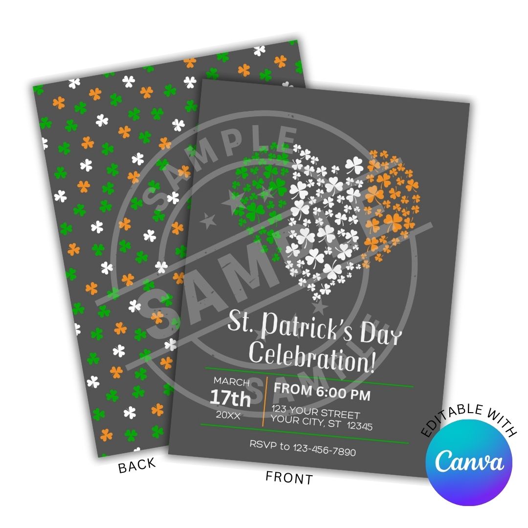 St. Patrick's Day party invitation with shamrock design on gray background