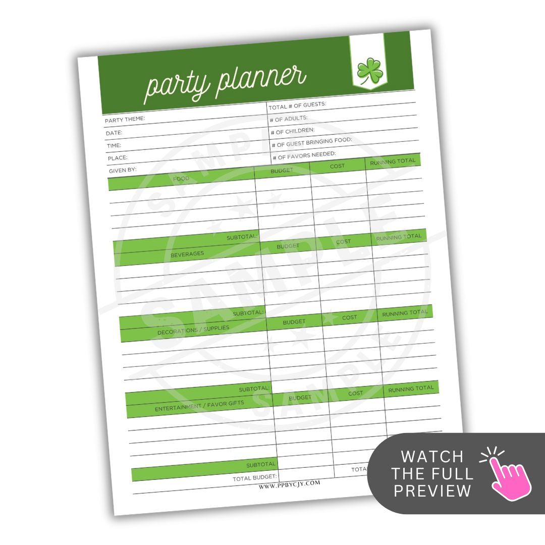 st patricks day Party planner checklist with green accents on a white background