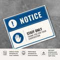 Printable Staff Only sign featuring a professional blue notice design, restricted access symbol, and employee-only access message for retail stores, restaurants, offices, warehouses, and commercial businesses.