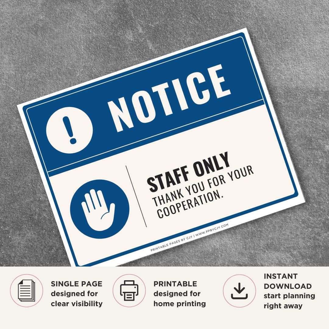 Printable Staff Only sign featuring a professional blue notice design, restricted access symbol, and employee-only access message for retail stores, restaurants, offices, warehouses, and commercial businesses.