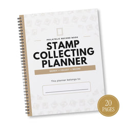A spiral-bound 'Stamp Collecting Planner' shown at an angle on a white background. The cover is white with black text and subtle stamp illustrations, featuring a gold accent bar and a gold circular badge in the bottom right corner that reads '20 PAGES'.