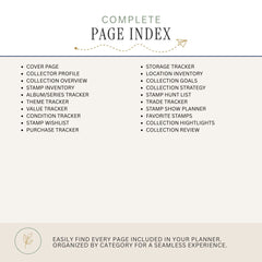 A page index cover for a planner or stamp collection guide, with the title 'COMPLETE PAGE INDEX' at the top and a list of included page categories in two columns below on a light beige background.