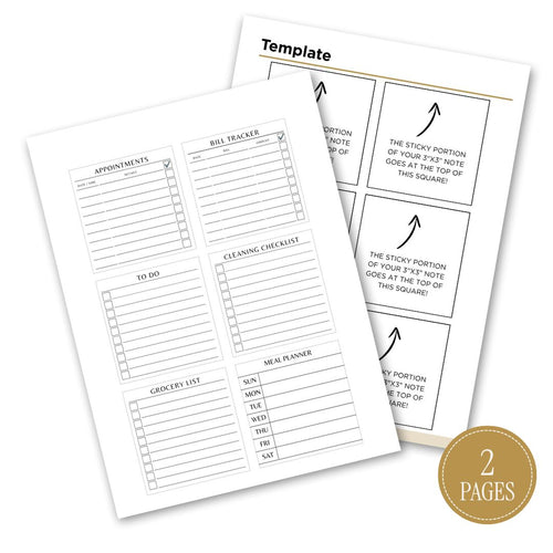 Two printable planner pages shown on a white background, with a gold circular badge reading '2 PAGES.' The pages contain black-and-white checklist and tracker layouts such as appointments, bill tracker, to do, cleaning checklist, grocery list, and a main planner section.