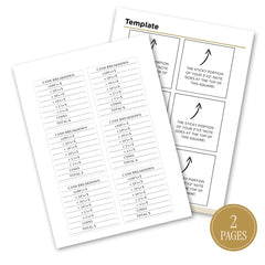 Two printed template sheets for cash breakdown and cash breakdown 5x note layouts, shown on a white background with a gold circular badge reading 2 pages.
