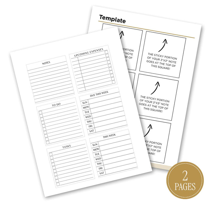 Two printable planner notepad pages shown on a white background, with a gold circular badge reading '2 PAGES.' The pages contain lined note sections, grocery lists, a weekly what's for dinner chart, and boxed note-sticky-note templates.