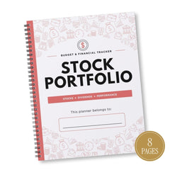 A spiral-bound 'Stock Portfolio' budget and financial tracker notebook with a white cover decorated with light pink financial icons, a coral-pink spine, and a gold circular badge indicating '8 PAGES'.