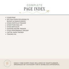 A digital preview of a complete page index for a financial planner, showing a list of included pages such as cover page, budget & finance binder, stock portfolio tracker, and various log trackers on a light beige background.