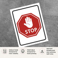 Printable Stop sign featuring a bold red stop symbol with a universal hand graphic for warehouses, parking lots, construction sites, schools, workplaces, and commercial businesses.