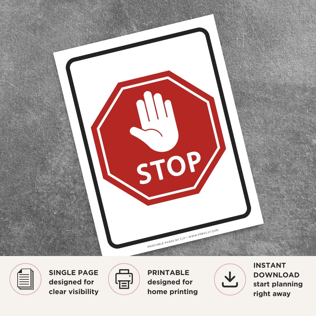 Printable Stop sign featuring a bold red stop symbol with a universal hand graphic for warehouses, parking lots, construction sites, schools, workplaces, and commercial businesses.