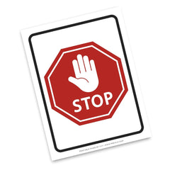 A square white sign with rounded corners featuring a red octagonal stop sign, a white hand symbol, and the word STOP in white. The sign is photographed at a slight angle on a white background.