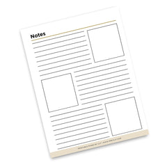 A printable notes page template with lined writing sections, three blank boxes, and a header reading 'Notes'. The page is shown at an angle on a clean white background.