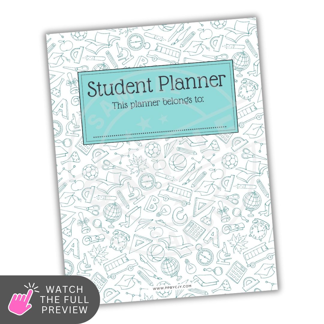 Student planner with educational icons and a customizable name tag on a white background.