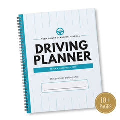 A Teen Driver Learning Journal titled 'Driving Planner' with a white cover, light blue vertical stripes, and a teal side binding. A gold circular badge in the bottom right corner reads '10+ PAGES'.