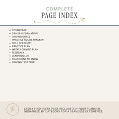 A page index preview for a planner, showing the title 'COMPLETE PAGE INDEX' at the top, a bulleted list of included pages such as cover page, driver information, practice hours tracker, skill checklist, feedback, learning log, and road signs to know, and a note at the bottom about organizing pages by category.