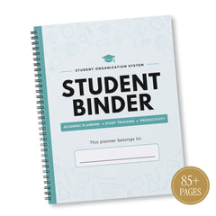 A spiral-bound Student Binder planner from the Student Organization System, featuring a white cover with light blue graphics, bold black text, and a gold circular badge indicating 85+ pages.