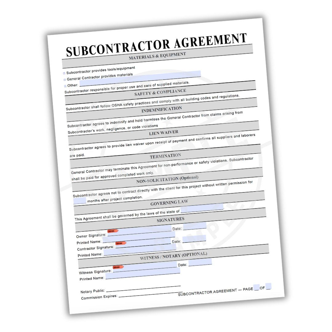 Subcontractor agreement form on a white background