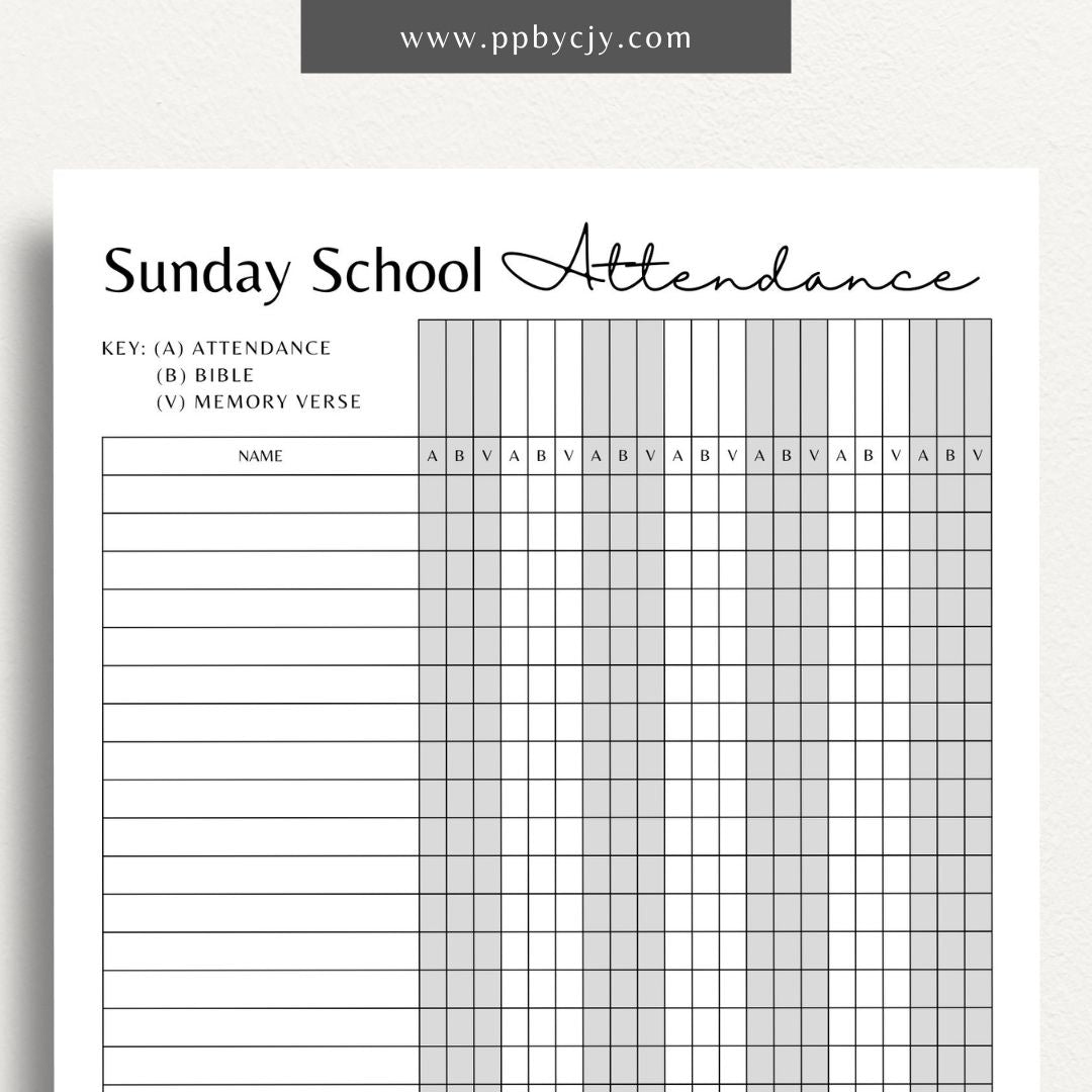 Sunday School Attendance Sheet Printable PDF Template for tracking student attendance in class

