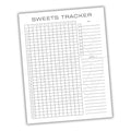 Sweets tracker sheet with grid and notes section on a white background