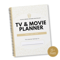 A spiral-bound 'TV & Movie Planner' notebook with a white cover featuring a subtle pattern, black text, and a gold accent bar. A gold circular badge in the bottom right corner reads '15+ PAGES'.